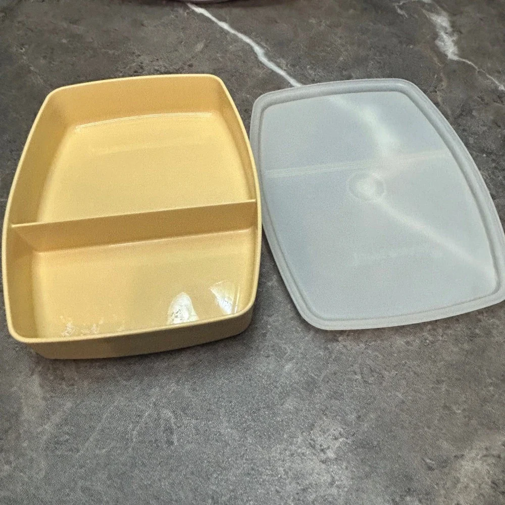 Vintage Tupperware Divided Food Storage Set Round Red Rectangular Gold 2pc Lot